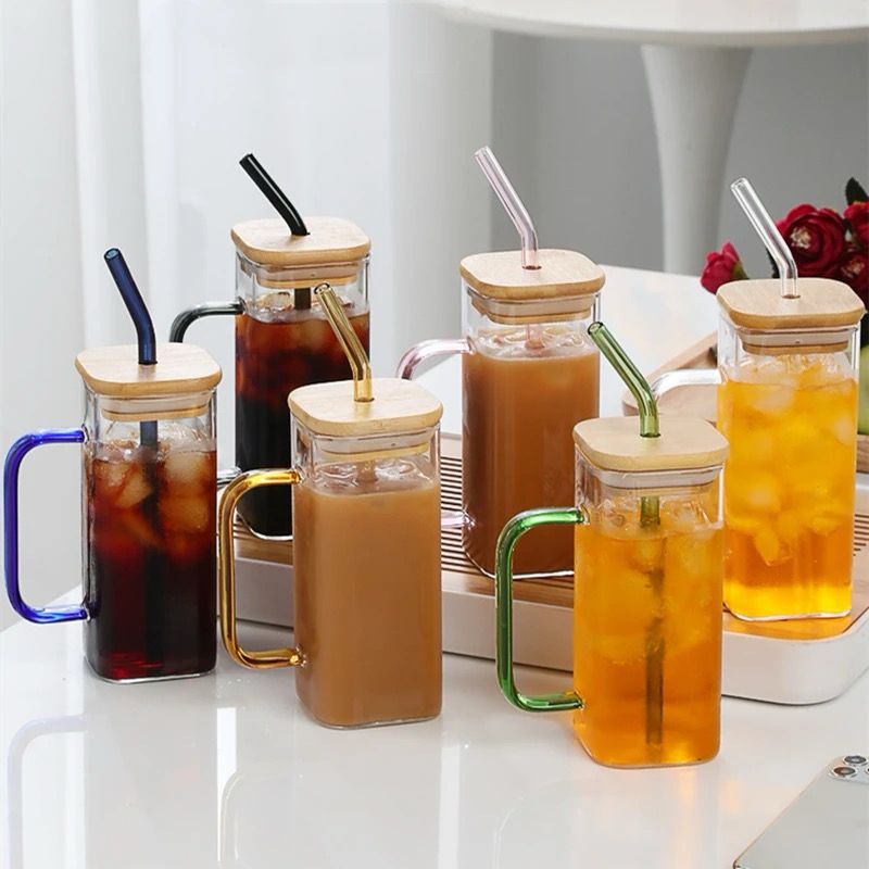 Square Smoothie Glass Cup with Bamboo Lid and Straw and Capacity of 380mls