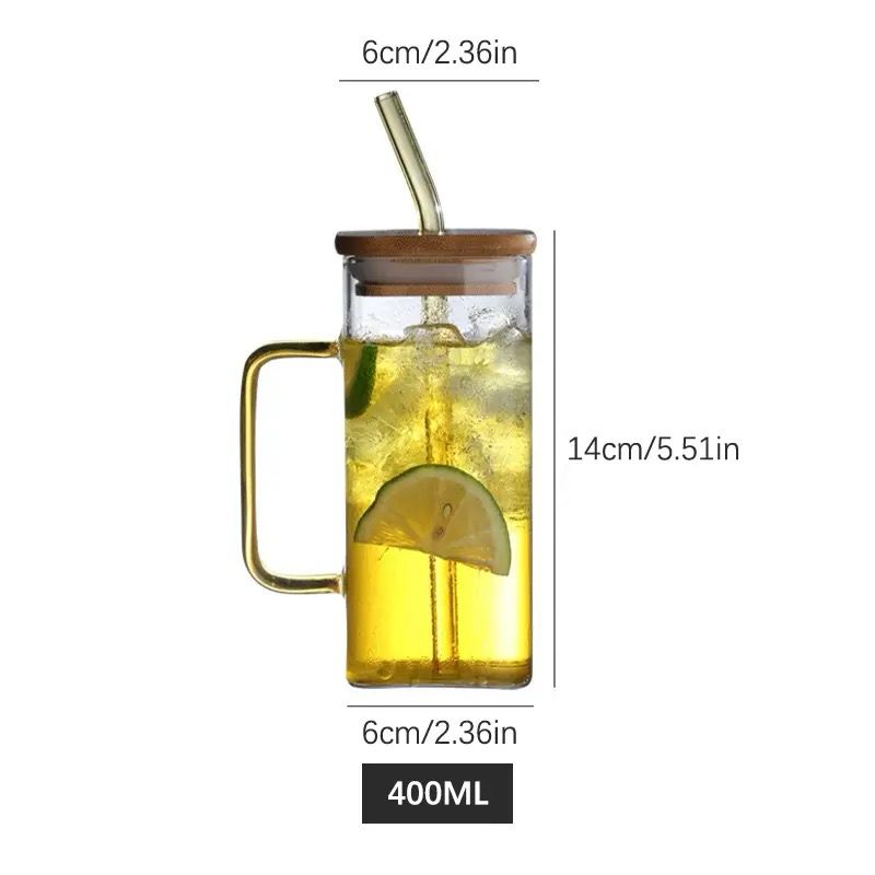 Square Smoothie Glass Cup with Bamboo Lid and Straw and Capacity of 380mls