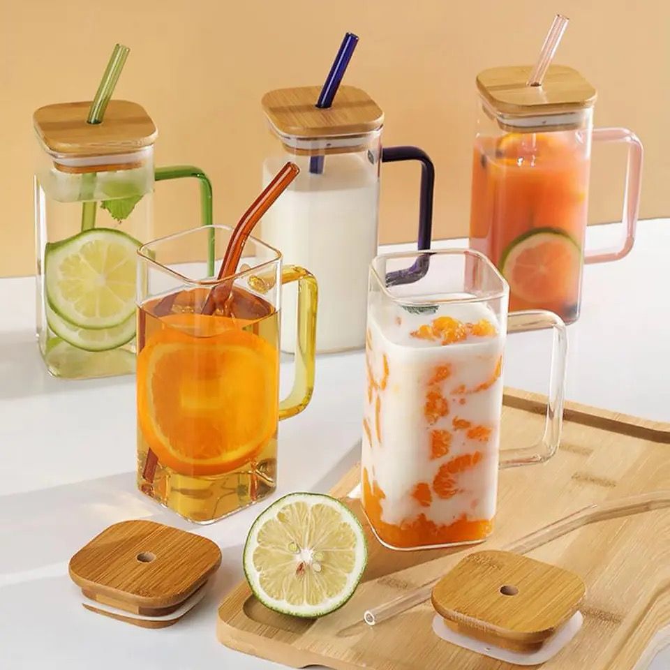 Square Smoothie Glass Cup with Bamboo Lid and Straw and Capacity of 380mls