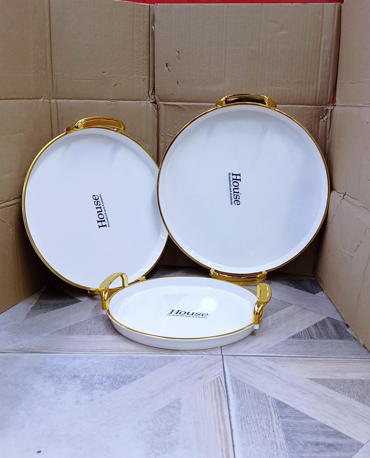Set of 3pcs Ceramic Household Trays With Gold and Silver