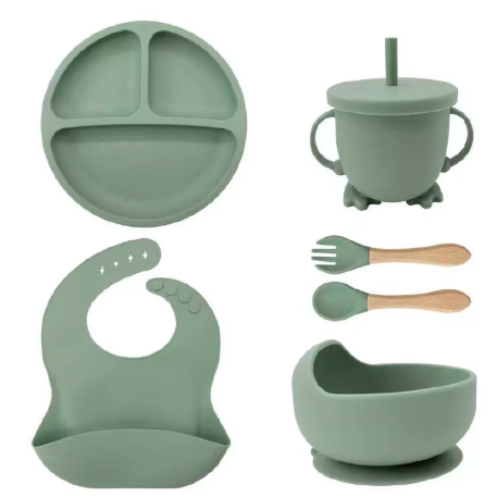 6Pcs Silicone Baby Feeding Set with Suction Bowl, Suction Plate, Bib, Cup, Spoon and Fork
