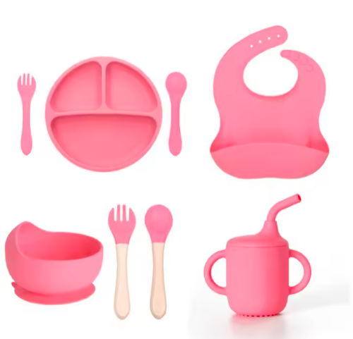 6Pcs Silicone Baby Feeding Set with Suction Bowl, Suction Plate, Bib, Cup, Spoon and Fork