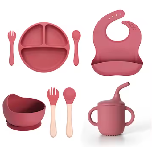 6Pcs Silicone Baby Feeding Set with Suction Bowl, Suction Plate, Bib, Cup, Spoon and Fork