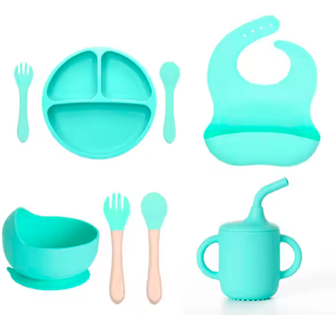 6Pcs Silicone Baby Feeding Set with Suction Bowl, Suction Plate, Bib, Cup, Spoon and Fork
