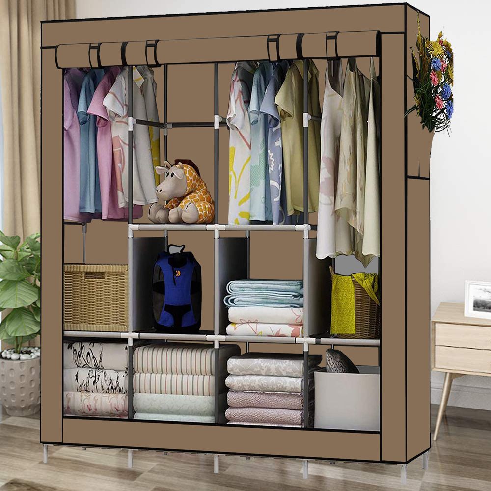 URhome 3 Columns 130*45*170CM  DIY Large Capacity Metallic Wardrobe Assemble Closets Portable Home Storage with Rolling Door   (GY-28 COFFEE  CLOTH WARDROBE) coffee,130*45*170CM