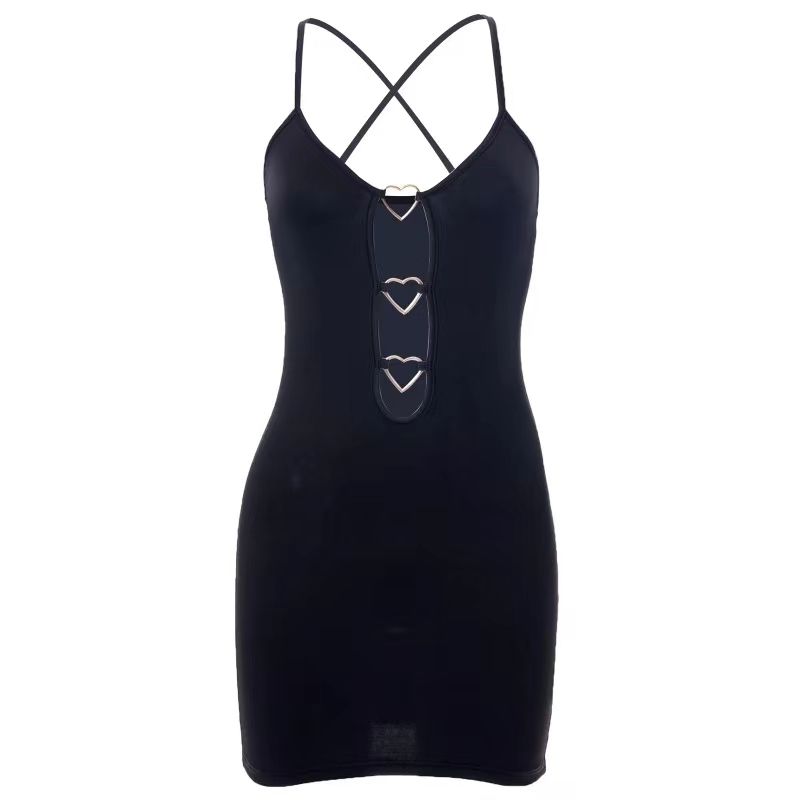 Women's Black Color Suspender Hollow Heart Buttocks Sling Pack Hip Dress Sexy Lace-up Cut-out Backless Dress