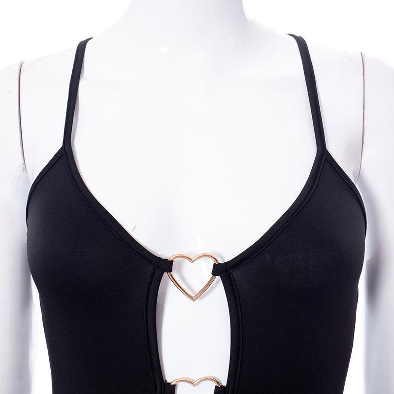 Women's Black Color Suspender Hollow Heart Buttocks Sling Pack Hip Dress Sexy Lace-up Cut-out Backless Dress