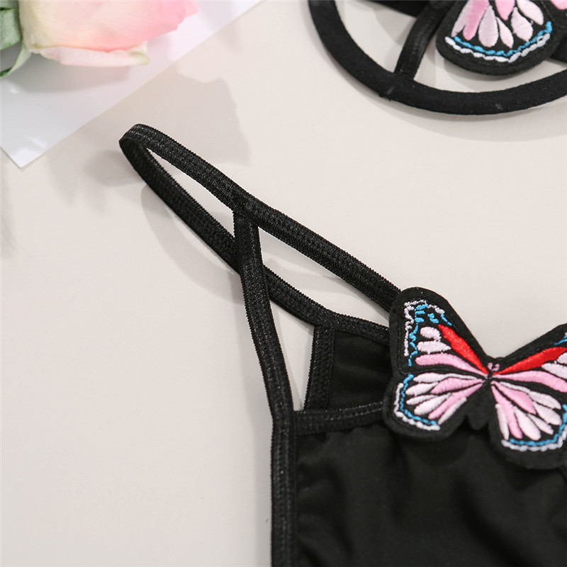 Sensual Lingerie Woman Sexy Trikini Underwear Top Panties Color Butterfly Hanging Neck Mesh Tight Underwear Mesh Hollow Tied Bra Set