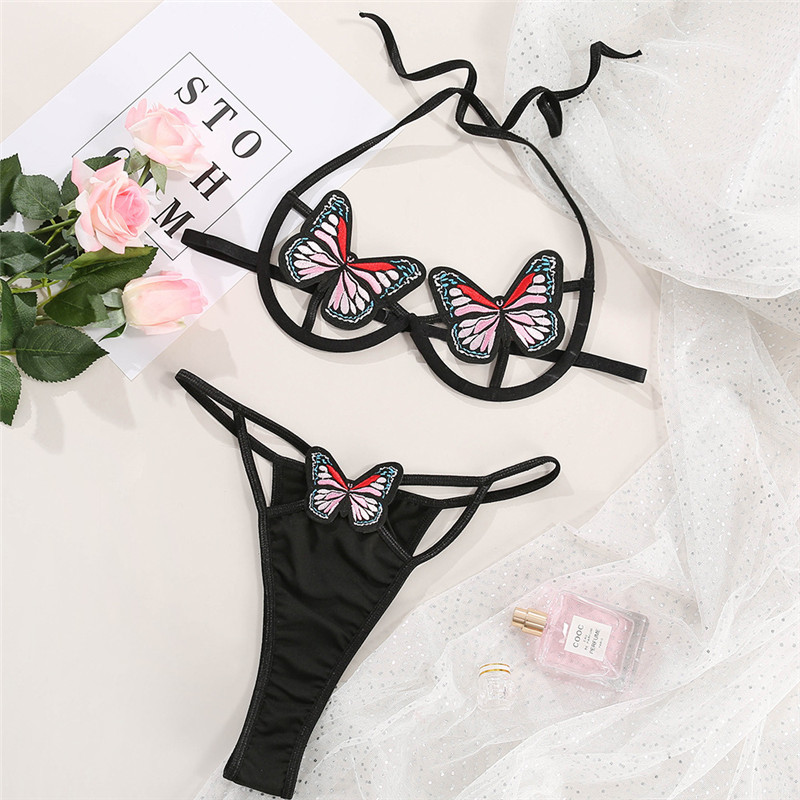 Sensual Lingerie Woman Sexy Trikini Underwear Top Panties Color Butterfly Hanging Neck Mesh Tight Underwear Mesh Hollow Tied Bra Set