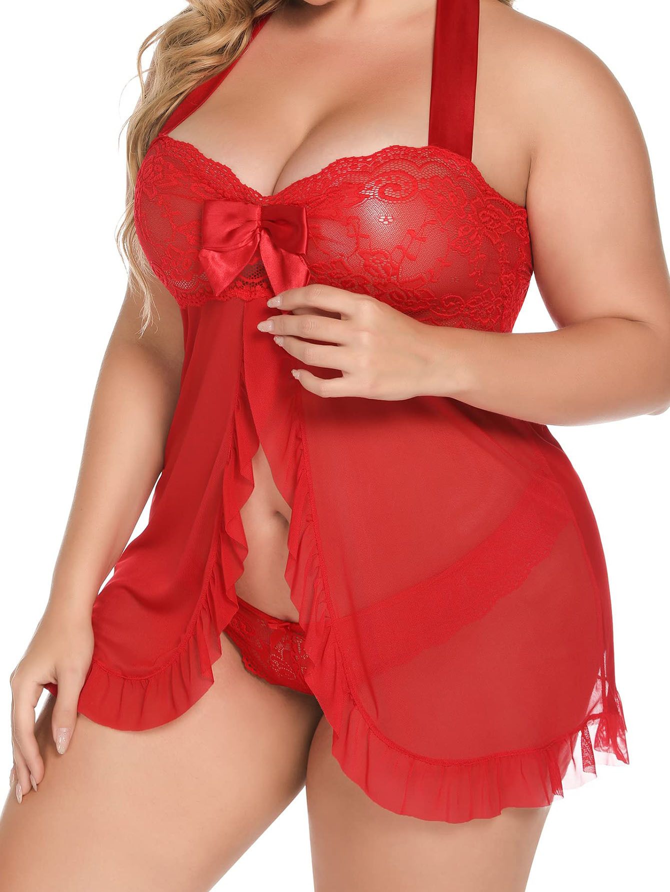 Women's Sexy Nightdress Sheer Plus Size Pajamas Lingerie Pyjamas Gauze Transparent Low-cut Ladies Dress and Thong Neck Hanging Backless Dress