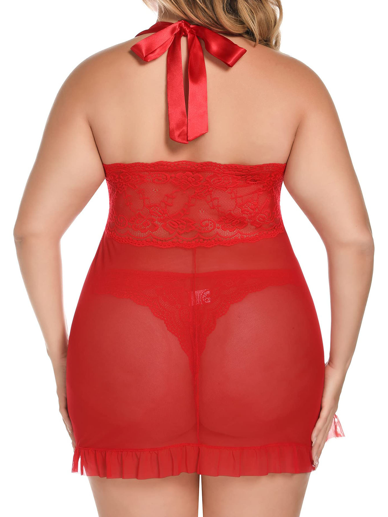 Women's Sexy Nightdress Sheer Plus Size Pajamas Lingerie Pyjamas Gauze Transparent Low-cut Ladies Dress and Thong Neck Hanging Backless Dress