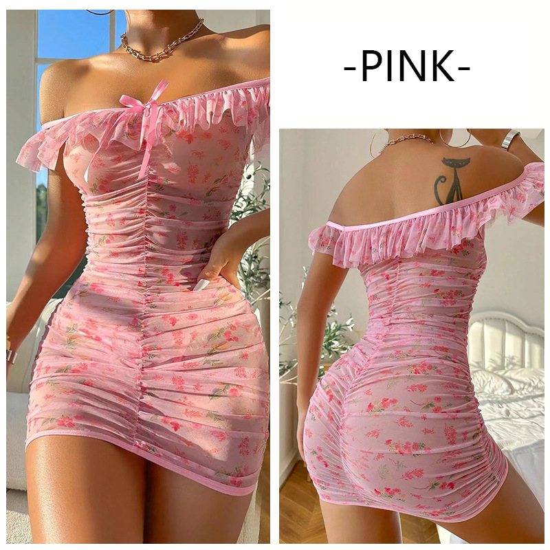 Sexy Lingerie Print Seductive Pajamas Nightgown Dress Flower Mesh Pleated Home Dress Set