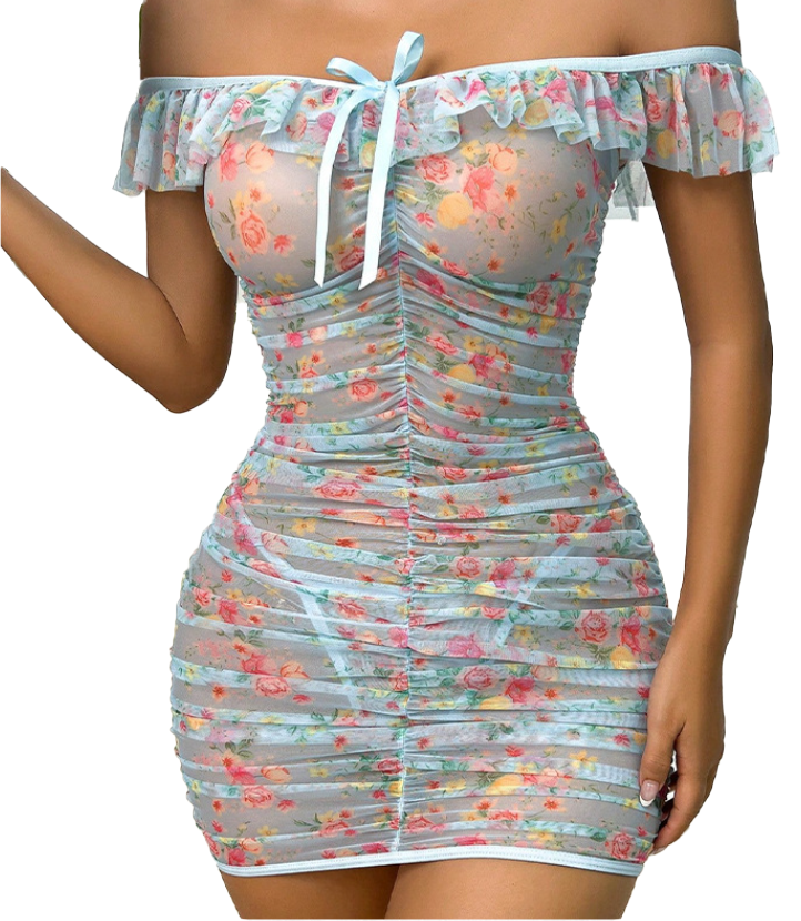 Sexy Lingerie Print Seductive Pajamas Nightgown Dress Flower Mesh Pleated Home Dress Set