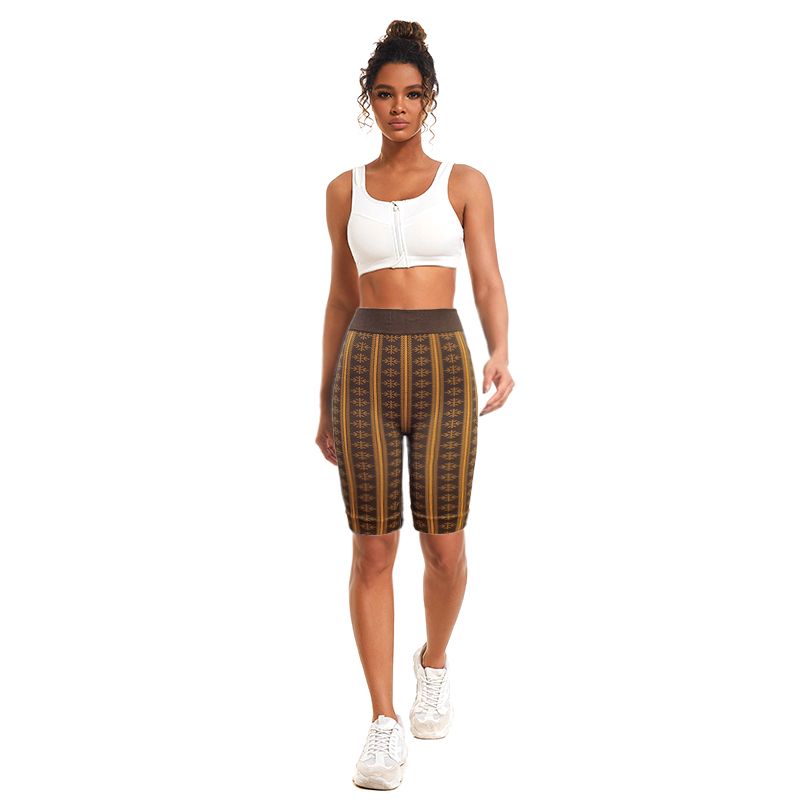 High elasticity Spandex Sleeveless Yoga Shorts Dark Brown Stripe Pattern With Side Pocket For Women
