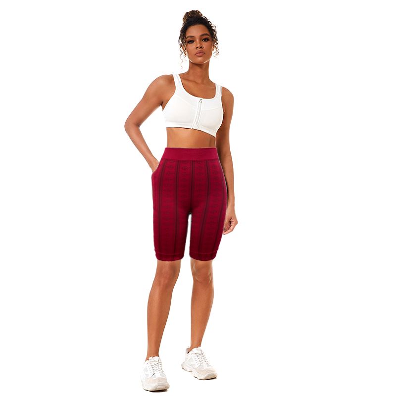 High elasticity Spandex Sleeveless Yoga Shorts Dark Brown Stripe Pattern With Side Pocket For Women