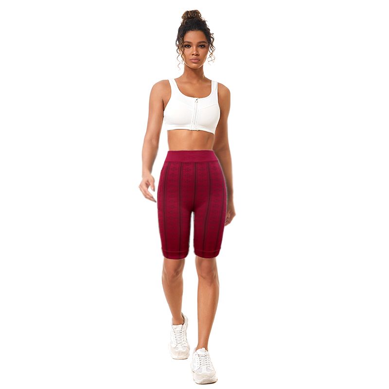 High elasticity Spandex Sleeveless Yoga Shorts Dark Brown Stripe Pattern With Side Pocket For Women
