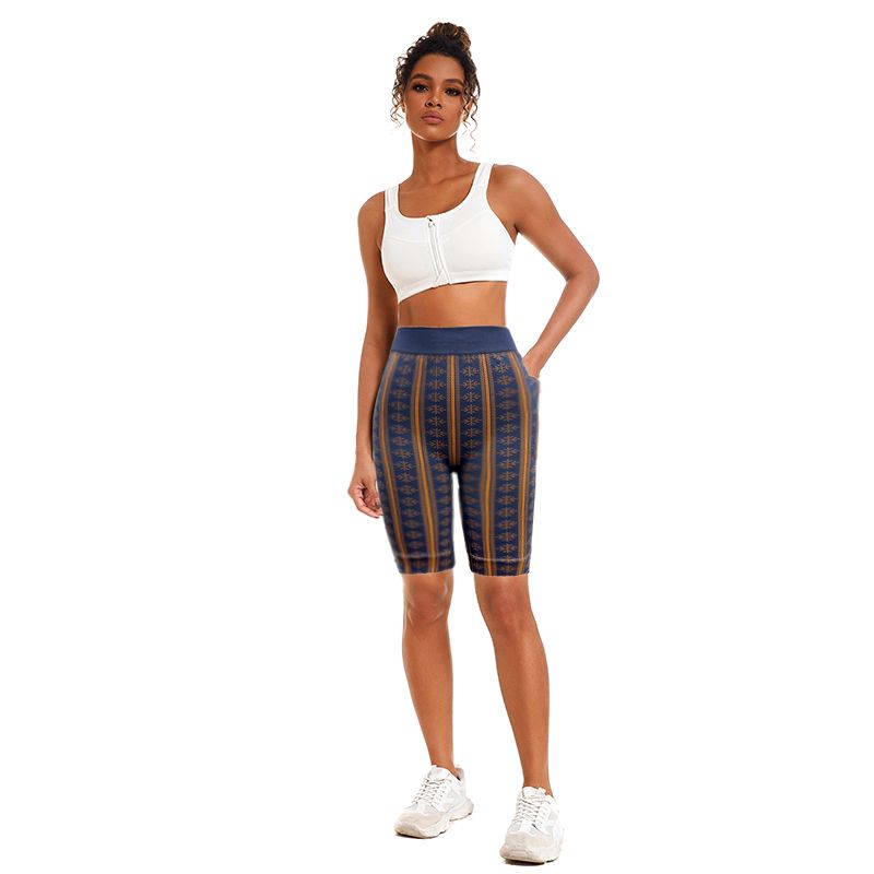 High elasticity Spandex Sleeveless Yoga Shorts Dark Brown Stripe Pattern With Side Pocket For Women