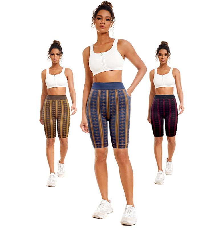 High elasticity Spandex Sleeveless Yoga Shorts Dark Brown Stripe Pattern With Side Pocket For Women