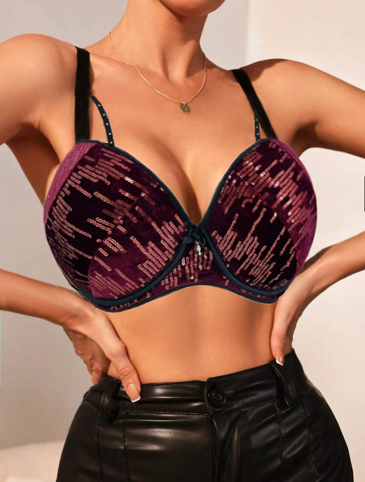 TikTok Sexy Big Cup Thick Foam With Ropes Push up Underwire Bra With Glittering Plastic Sequins Nightclub & Bar Lingerie