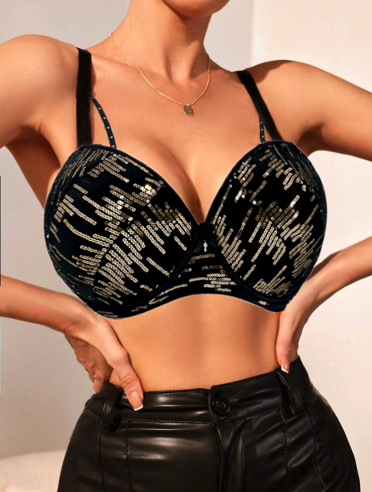 TikTok Sexy Big Cup Thick Foam With Ropes Push up Underwire Bra With Glittering Plastic Sequins Nightclub & Bar Lingerie
