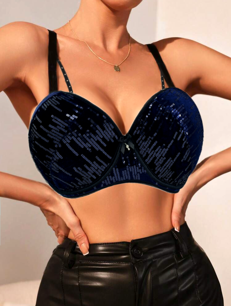 TikTok Sexy Big Cup Thick Foam With Ropes Push up Underwire Bra With Glittering Plastic Sequins Nightclub & Bar Lingerie