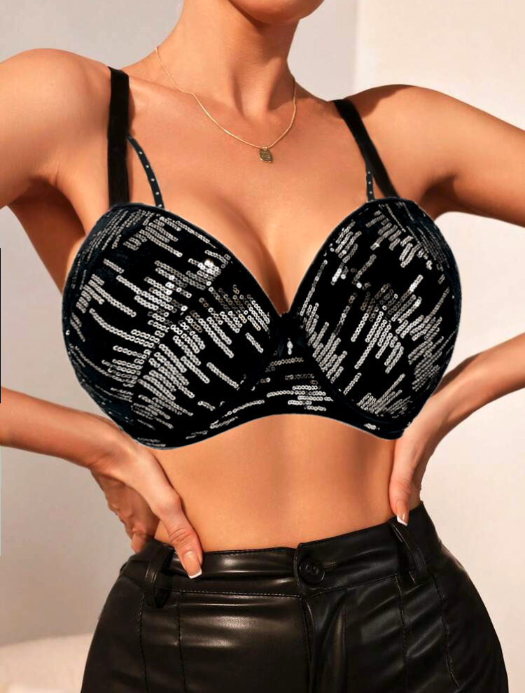 TikTok Sexy Big Cup Thick Foam With Ropes Push up Underwire Bra With Glittering Plastic Sequins Nightclub & Bar Lingerie