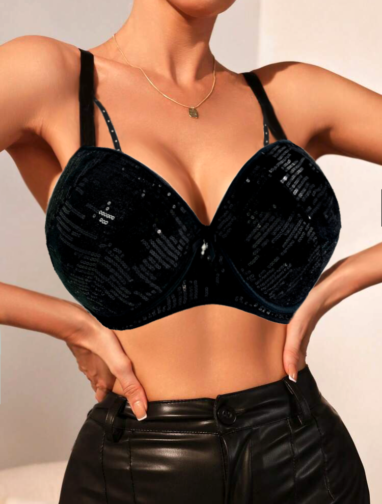 TikTok Sexy Big Cup Thick Foam With Ropes Push up Underwire Bra With Glittering Plastic Sequins Nightclub & Bar Lingerie