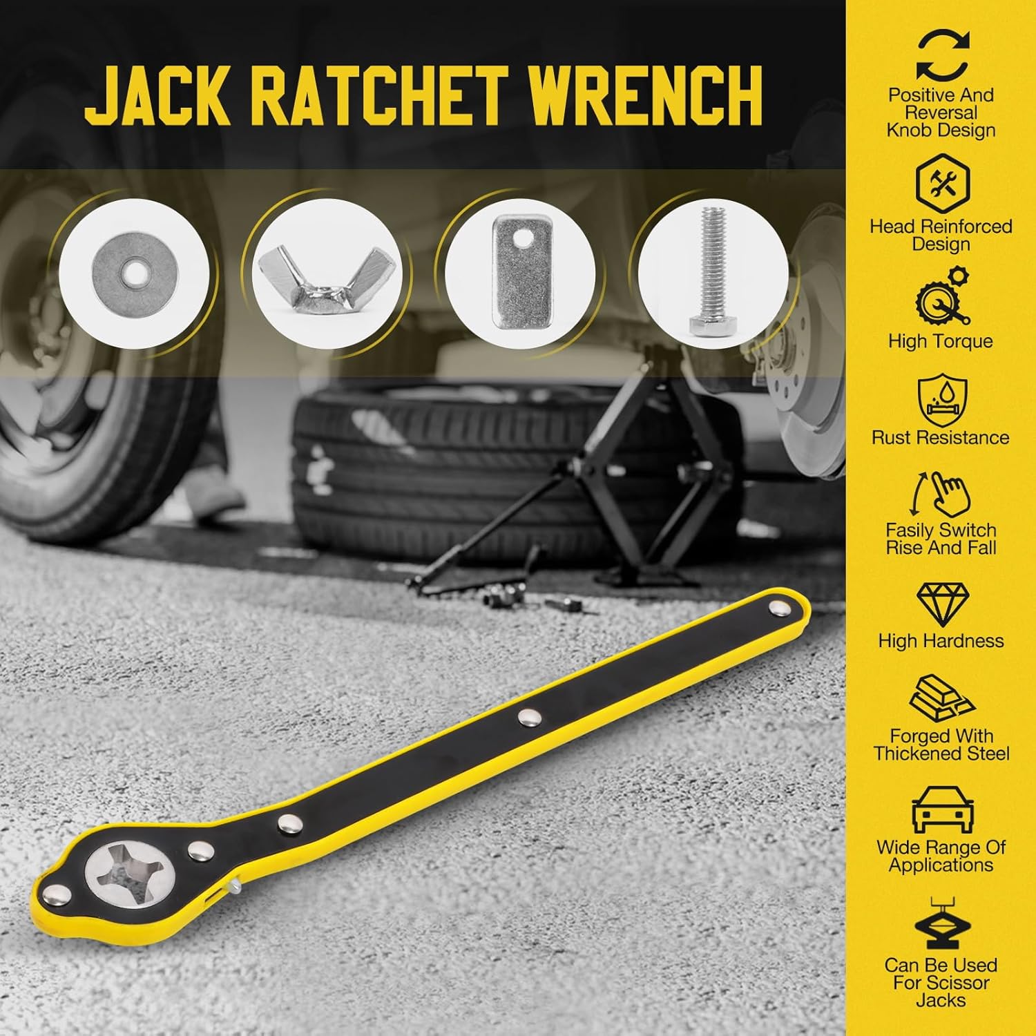 Car Jack Wrench, 360° Swivel Labor-Saving Car Jack Ratchet Wrench with Long Handle, Scissor Jack Lift Speed Handle Tool for Travel, Van, SUV and Other Vehicles