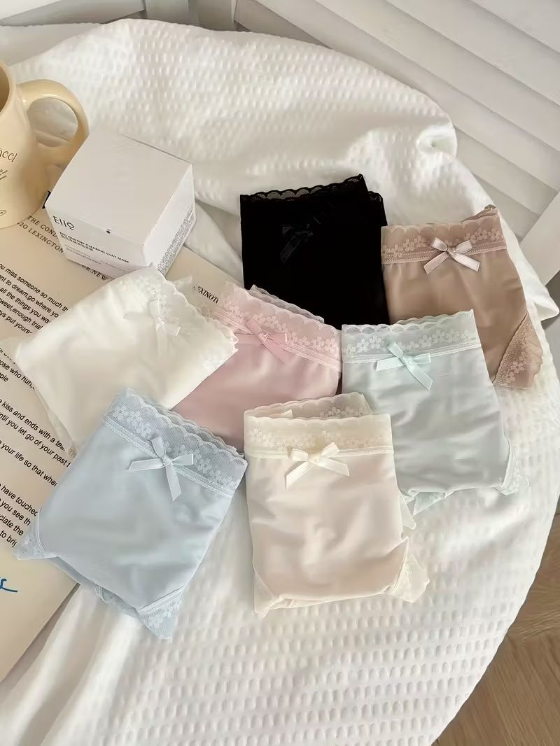 7 pcs Seamless Ladies Lace Trim Underwear Briefs | Soft Breathable Chupi za Design | Bow Detail | Ice Silk | Cute Feminine Panties