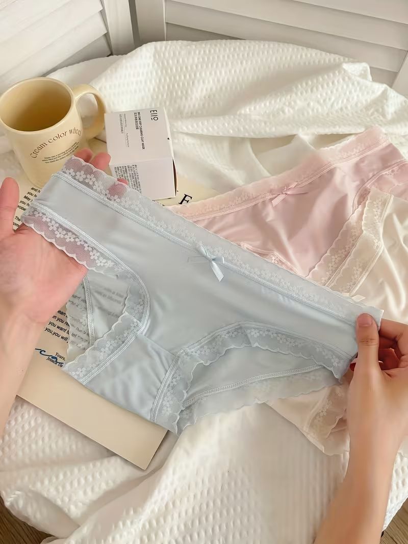 7 pcs Seamless Ladies Lace Trim Underwear Briefs | Soft Breathable Chupi za Design | Bow Detail | Ice Silk | Cute Feminine Panties