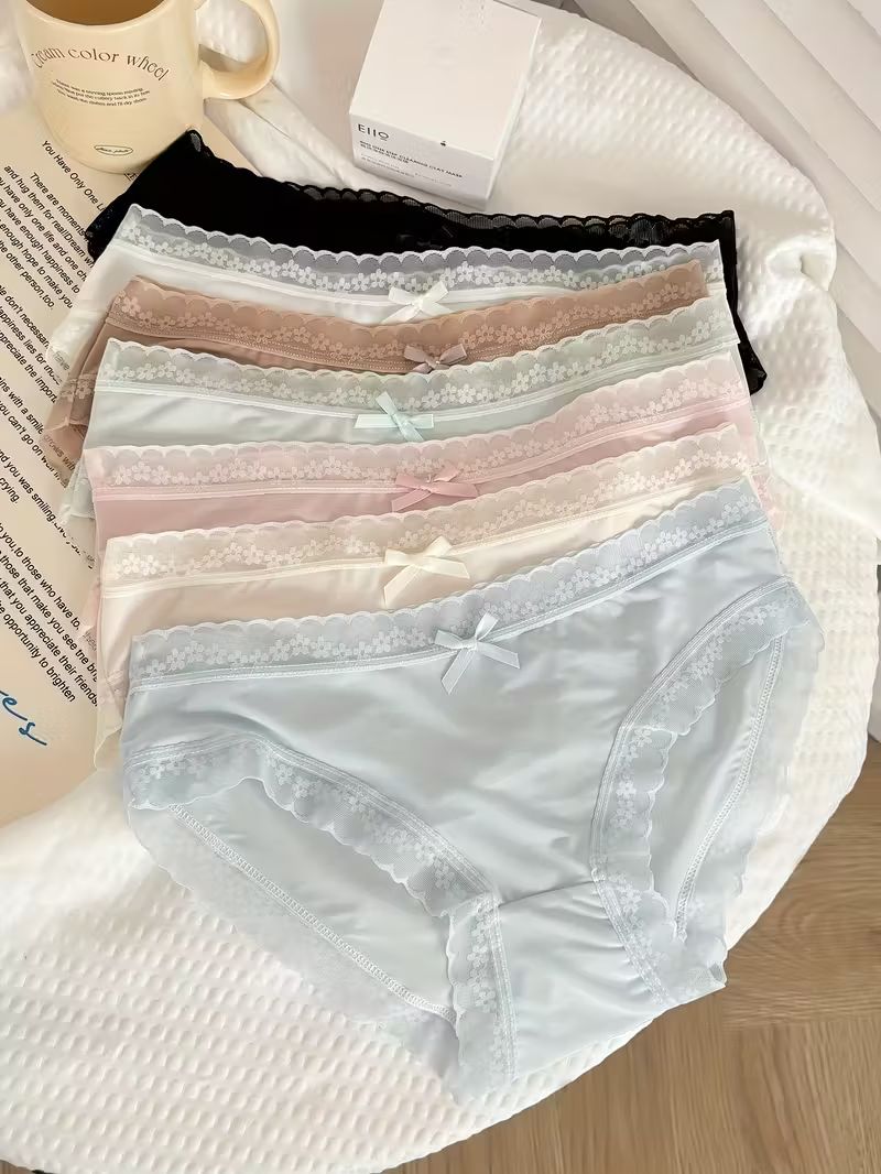 7 pcs Seamless Ladies Lace Trim Underwear Briefs | Soft Breathable Chupi za Design | Bow Detail | Ice Silk | Cute Feminine Panties