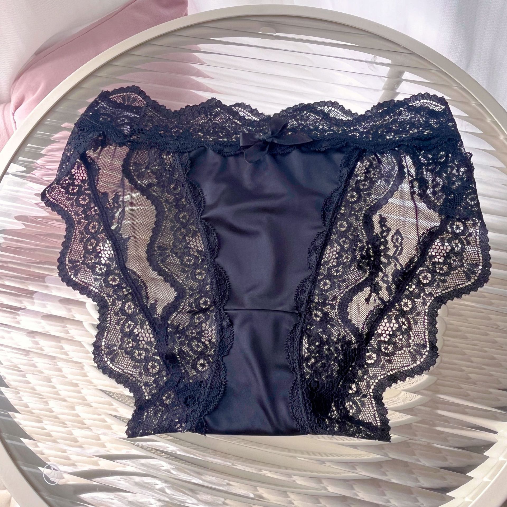 Seamless Ladies Luxury Lace Satin Underwear Panties | Soft Silk Feel Mid Rise Briefs | Wide Floral Lace Side Panel | Small Bow Waistband | Sexy Honeymoon Bridal Chupi