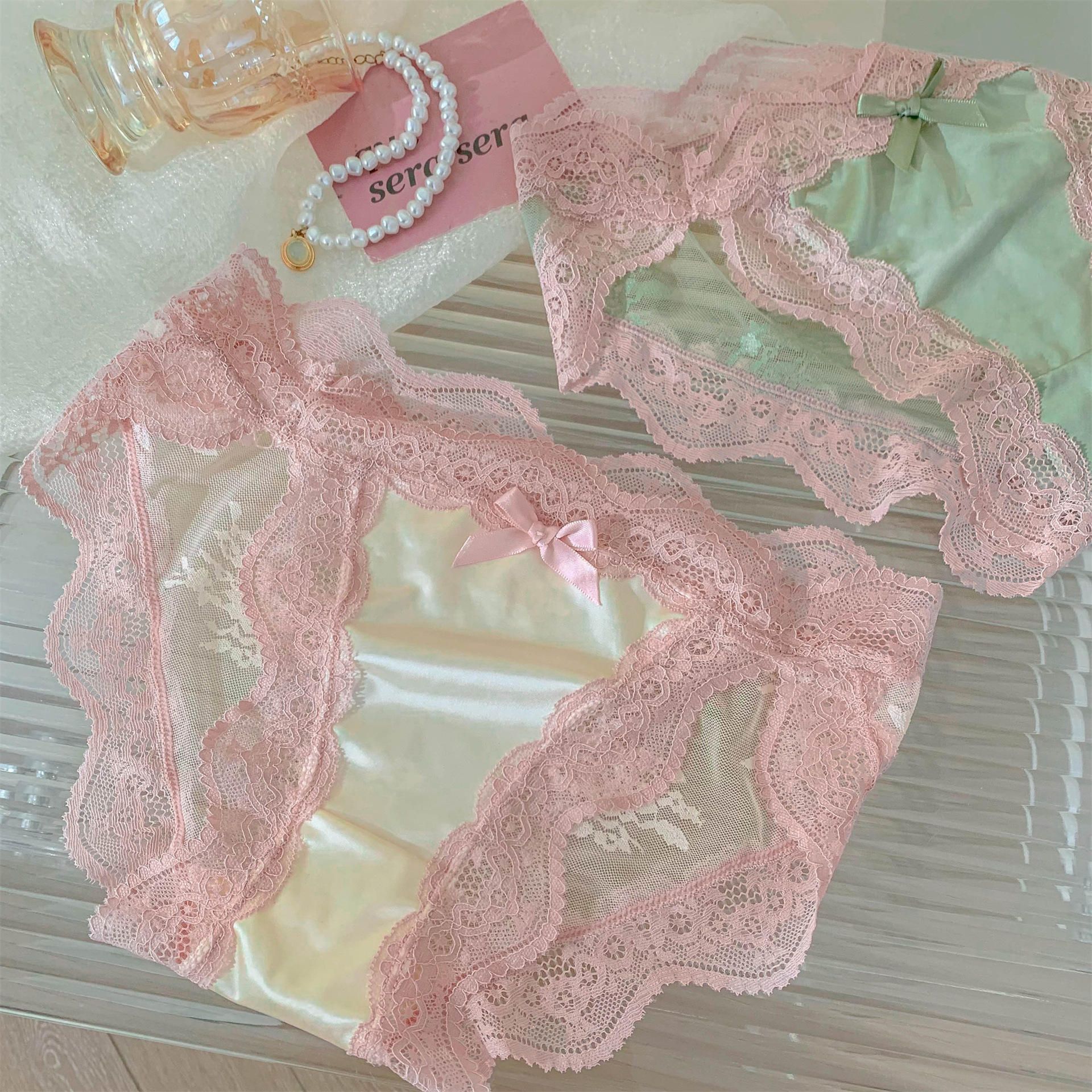 Seamless Ladies Luxury Lace Satin Underwear Panties | Soft Silk Feel Mid Rise Briefs | Wide Floral Lace Side Panel | Small Bow Waistband | Sexy Honeymoon Bridal Chupi