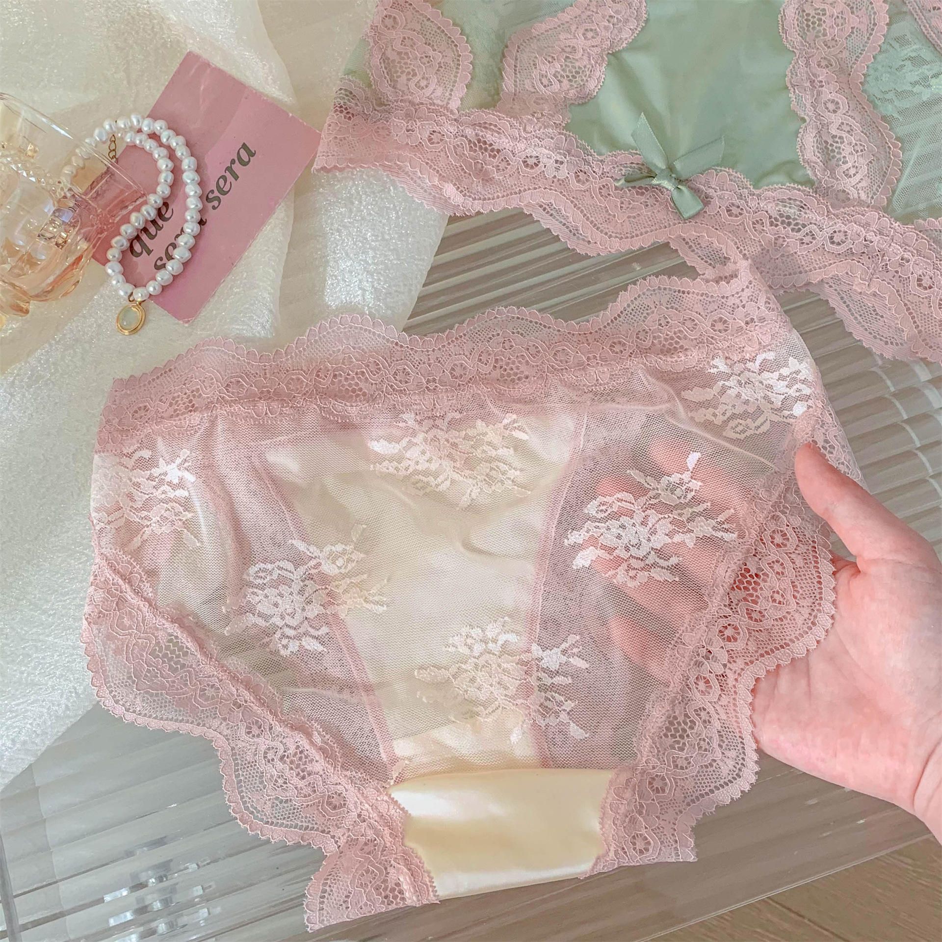 Seamless Ladies Luxury Lace Satin Underwear Panties | Soft Silk Feel Mid Rise Briefs | Wide Floral Lace Side Panel | Small Bow Waistband | Sexy Honeymoon Bridal Chupi