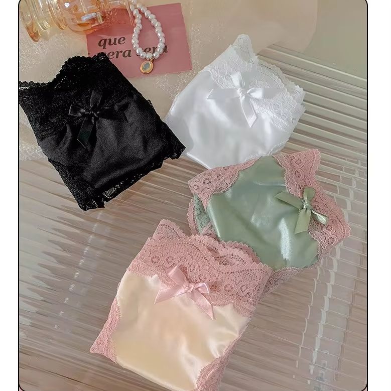 Seamless Ladies Luxury Lace Satin Underwear Panties | Soft Silk Feel Mid Rise Briefs | Wide Floral Lace Side Panel | Small Bow Waistband | Sexy Honeymoon Bridal Chupi