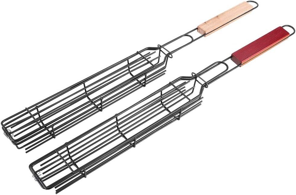 2PCs Grilling Basket, Bbq Kabob Barbecue Net, Stainless Steel Nonstick Barbecue Mesh Sausage Grill Basket for Hot Dog Kitchentool Picnic Camping