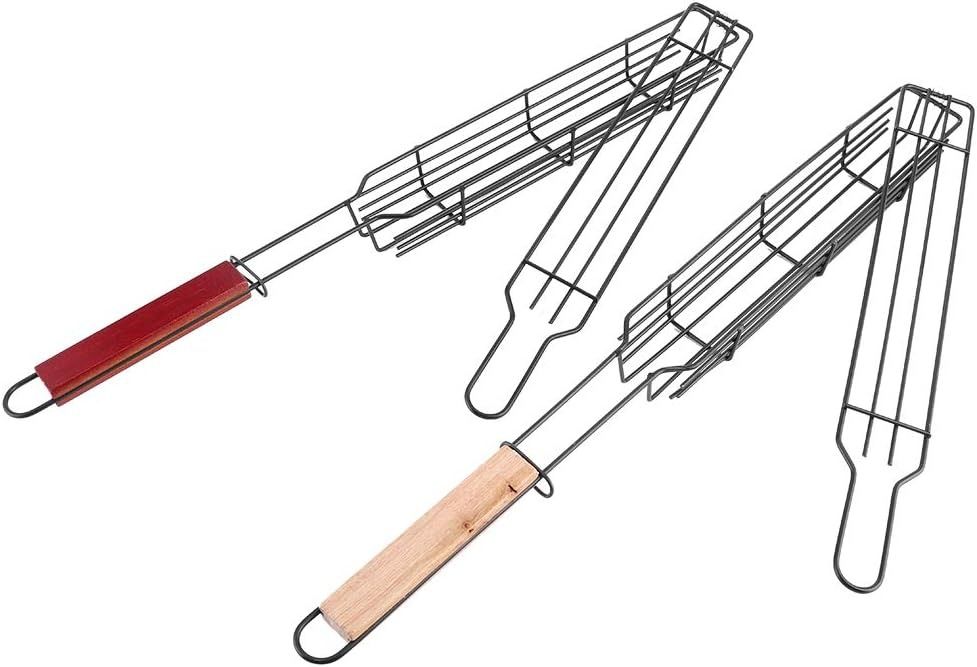 2PCs Grilling Basket, Bbq Kabob Barbecue Net, Stainless Steel Nonstick Barbecue Mesh Sausage Grill Basket for Hot Dog Kitchentool Picnic Camping