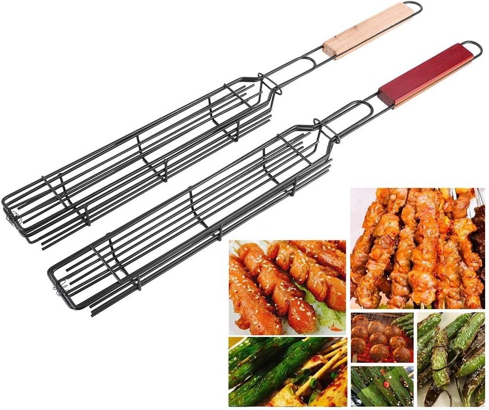 2PCs Grilling Basket, Bbq Kabob Barbecue Net, Stainless Steel Nonstick Barbecue Mesh Sausage Grill Basket for Hot Dog Kitchentool Picnic Camping