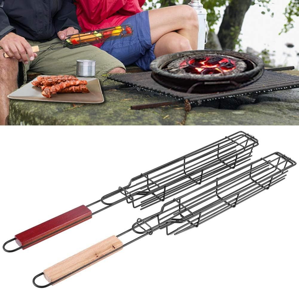 2PCs Grilling Basket, Bbq Kabob Barbecue Net, Stainless Steel Nonstick Barbecue Mesh Sausage Grill Basket for Hot Dog Kitchentool Picnic Camping
