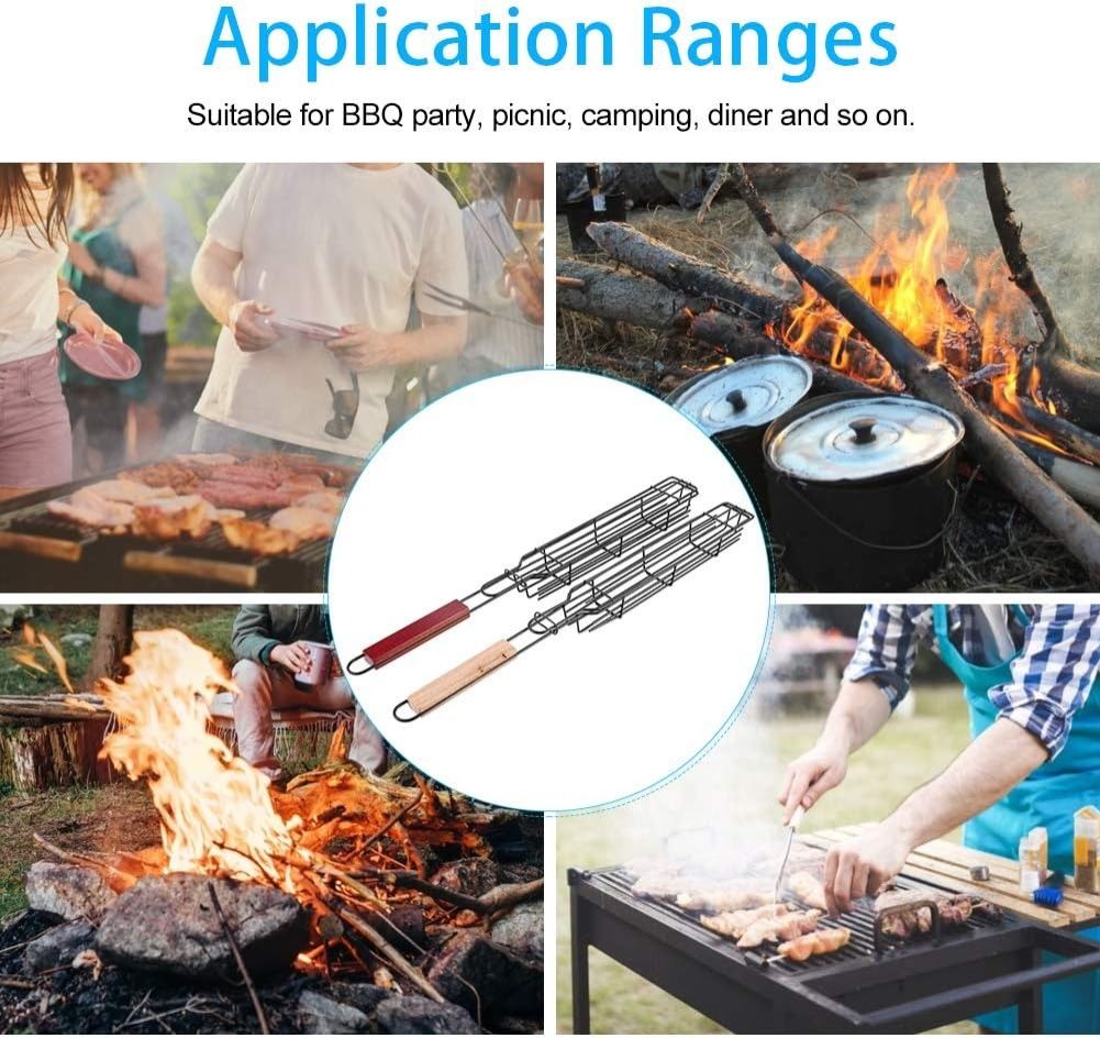 2PCs Grilling Basket, Bbq Kabob Barbecue Net, Stainless Steel Nonstick Barbecue Mesh Sausage Grill Basket for Hot Dog Kitchentool Picnic Camping
