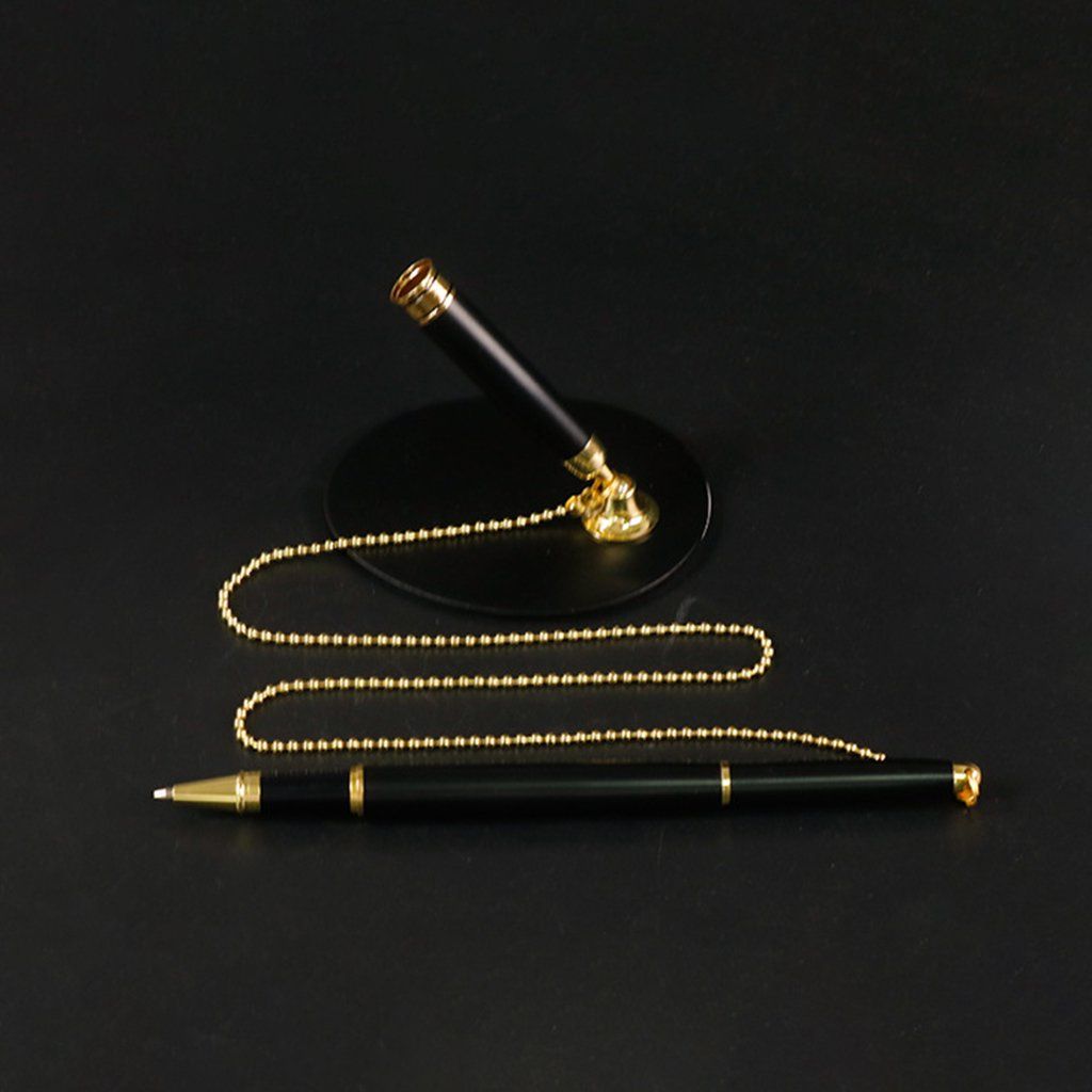 Excecutive Classic Metal Ballpoint Pen Secure Chain Attached Base Stand Desk Office Counter Pen