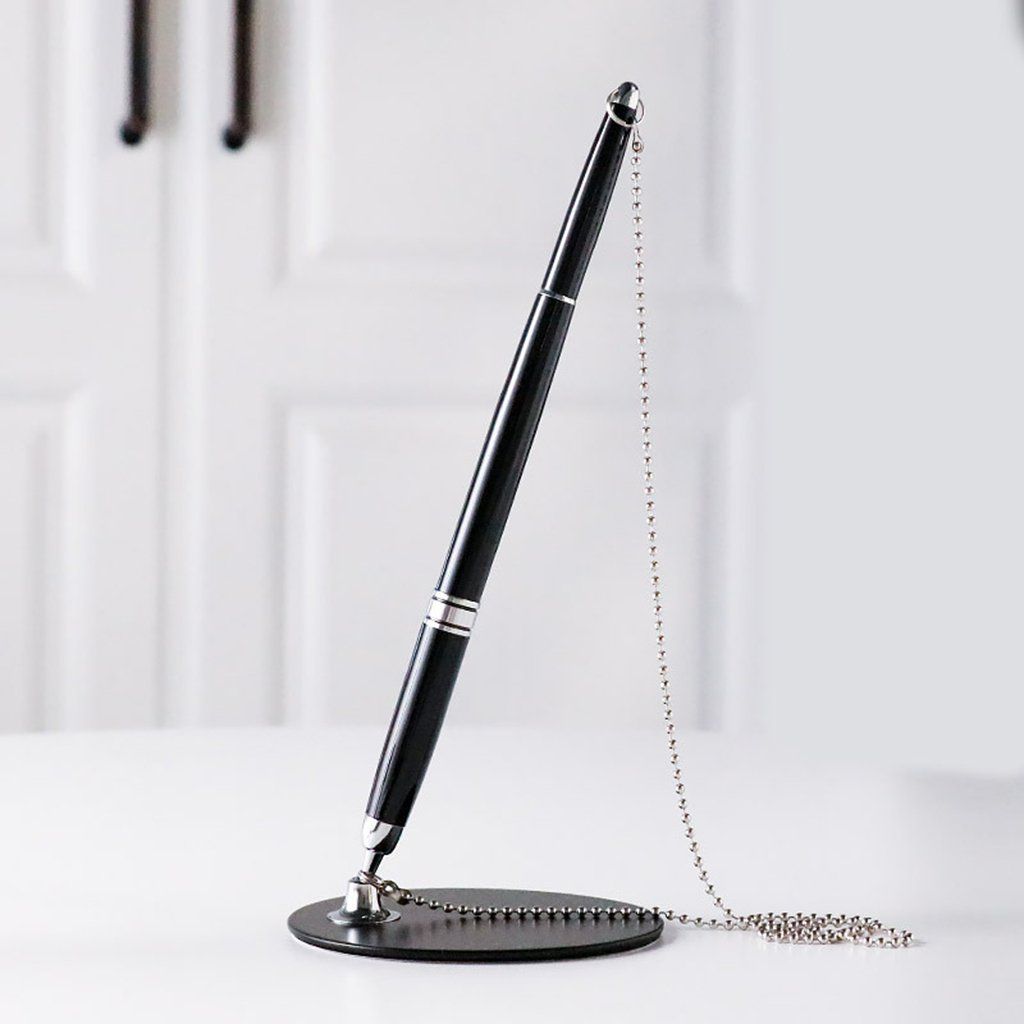 Excecutive Classic Metal Ballpoint Pen Secure Chain Attached Base Stand Desk Office Counter Pen