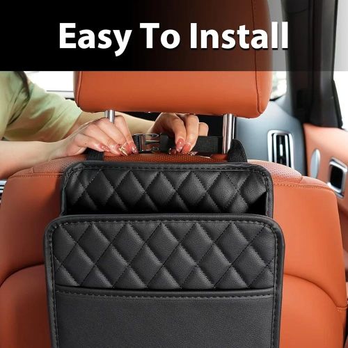 Car Back Seat Organizer, Black PU Leather Car Storage Bag, Multifunction Car Seat Back Hanging Organizer, Car Interior Accessories Organizer Compatible with Most Vehicles