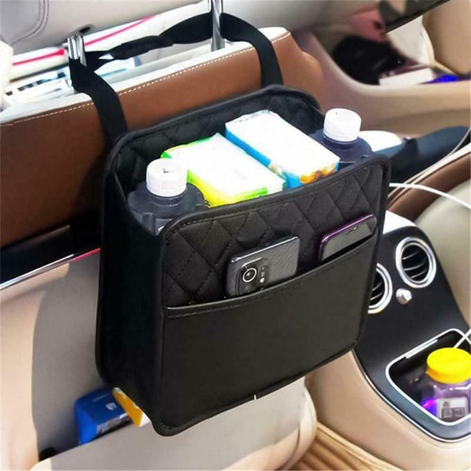 Car Back Seat Organizer, Black PU Leather Car Storage Bag, Multifunction Car Seat Back Hanging Organizer, Car Interior Accessories Organizer Compatible with Most Vehicles