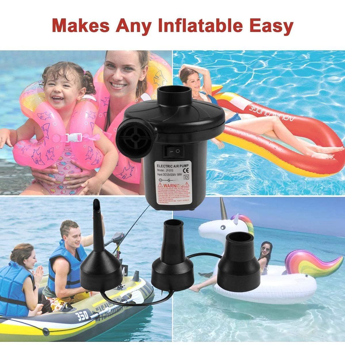 50W Electric Air Pump with 3 Hoses, Fast 5000PA Air Pump for Inflating Mattresses, Airbeds, Pools, Toys, Rafts and Vacuum Bags