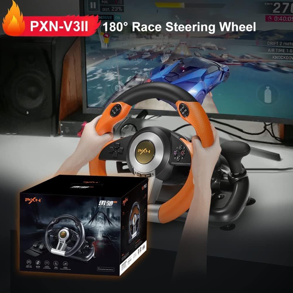PC Racing Wheel, V3II 180 Degree Universal USB Car Sim Game Steering Wheel with Pedals for PS3, PS4, Xbox One, Xbox Series X/S, Nintendo Switch