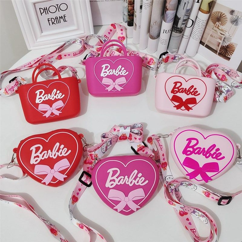 Silicone Cute Mini Heart Pink Barbie Coin Purse Change Wallet Portable Student Girls Bags Accessories Adjustable Shoulder Strap Crossbody Bag