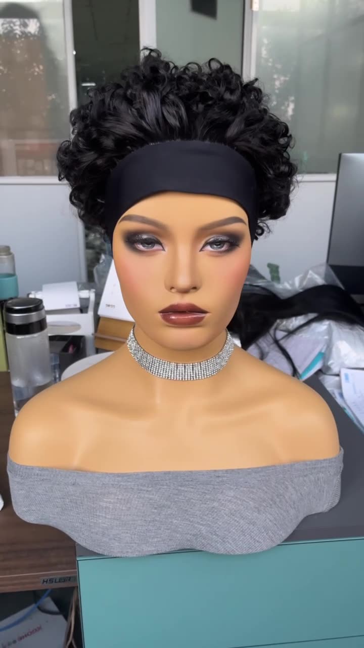 Headband Wig Human Hair Wigs for Black Women Pixie Cut Wig Put on and Go Glueless Wig Short Curly Headband Wigs 150% Density Natural Black 6 Inch