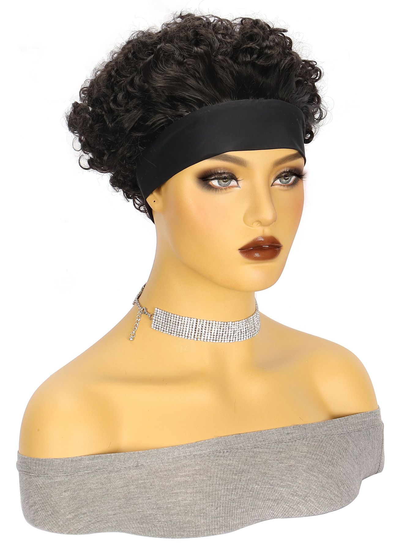 Headband Wig Human Hair Wigs for Black Women Pixie Cut Wig Put on and Go Glueless Wig Short Curly Headband Wigs 150% Density Natural Black 6 Inch