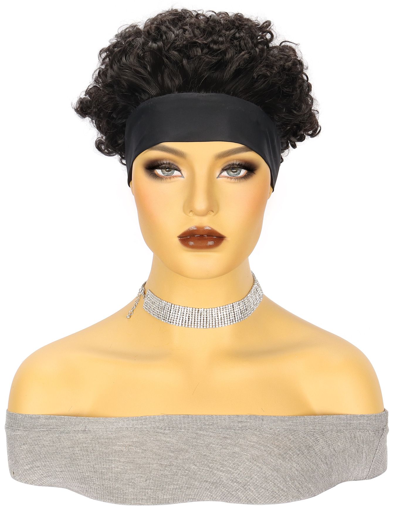 Headband Wig Human Hair Wigs for Black Women Pixie Cut Wig Put on and Go Glueless Wig Short Curly Headband Wigs 150% Density Natural Black 6 Inch